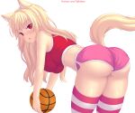  1girl :o animal_ear_fluff animal_ears ass ball bangs basketball blonde_hair blush breasts cat_ears cat_tail eyebrows_visible_through_hair highres holding holding_ball large_breasts long_hair looking_at_viewer nottytiffy original red_eyes shiny shiny_skin short_shorts shorts slit_pupils solo tail thigh-highs thighs tiffy_(nottytiffy) watermark web_address 