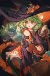  ... 1girl 2020 argyle argyle_legwear bat_hair_ornament broom cat commentary detached_sleeves drill_hair english_commentary fire_emblem fire_emblem:_three_houses flayn_(fire_emblem) green_eyes green_hair hair_ornament halloween halloween_costume hat highres long_hair multicolored multicolored_clothes multicolored_legwear nvalee solo_focus spoken_ellipsis thigh-highs very_long_hair witch witch_hat 