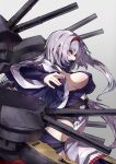  1girl azur_lane bangs breasts cannon capelet colorado_(azur_lane) covered_nipples from_side grey_background grey_hair hairband highres large_breasts long_hair pale_skin ramuya_(lamb) red_eyes rigging sideboob sidelocks simple_background solo standing 