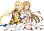  2girls :d alice_zuberg armor armored_dress asuna_(stacia) blonde_hair blue_eyes bow braid braided_ponytail breastplate brown_eyes brown_hair closed_mouth clothing_cutout detached_collar dress floating_hair french_braid full_body gauntlets hair_bow hair_intakes hairband highres long_hair looking_at_viewer multiple_girls official_art open_mouth ponytail red_legwear ribbon shiny shiny_hair short_dress shoulder_armor shoulder_cutout simple_background sitting smile spaulders sword_art_online sword_art_online:_alicization thigh-highs very_long_hair white_background white_bow white_dress white_hairband white_ribbon wrist_cuffs 