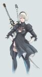  1girl a_ichiro bangs black_hairband black_legwear blue_eyes feather-trimmed_sleeves feet_out_of_frame grey_background hairband hands_on_hips nier_(series) nier_automata short_hair simple_background solo sword thigh-highs weapon weapon_on_back white_hair yorha_no._2_type_b 