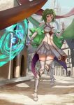  1girl absurdres azto_dio bangs boots breasts cape day dress elbow_gloves fire_emblem fire_emblem:_the_sacred_stones fire_emblem_heroes full_body gloves green_eyes green_hair highres l&#039;arachel_(fire_emblem) medium_breasts open_mouth short_dress smile staff thigh-highs thigh_boots tower 