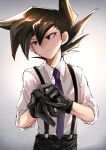 1boy adjusting_clothes adjusting_gloves bangs black_eyes black_gloves black_hair black_pants collared_shirt dress_shirt gloves grey_background hair_between_eyes long_hair male_focus manjoume_jun necktie pants parted_lips purple_neckwear shiny shiny_hair shirt sk816 sleeves_rolled_up solo spiky_hair suspenders white_shirt wing_collar yu-gi-oh! yu-gi-oh!_gx 
