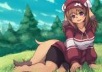  animal_ears animal_nose azoazon blush breasts brown_hair clouds collarbone commentary_request dog dog_ears dog_girl dog_tail eyebrows_visible_through_hair fang furry grass hair_between_eyes hat large_breasts long_hair looking_at_viewer open_mouth original pine_tree sitting sky tail tree violet_eyes 