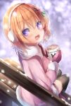  1girl :d bangs bench black_legwear blurry blurry_background blush brown_hair commentary_request cup depth_of_field earmuffs english_text eyebrows_visible_through_hair flower fur-trimmed_jacket fur_trim gochuumon_wa_usagi_desu_ka? hair_between_eyes hair_flower hair_ornament hairclip highres holding holding_cup hoto_cocoa jacket long_hair long_sleeves looking_at_viewer looking_back mittens mug na!?_(naxtuyasai) open_mouth park_bench pink_flower pink_jacket purple_mittens sitting sitting_on_bench smile snow snowing solo thigh-highs violet_eyes 