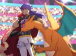  1boy blurry blurry_background cape champion_uniform charizard commentary_request dark_skin dark_skinned_male dynamax_band facial_hair fur-trimmed_cape fur_trim gen_1_pokemon gloves holding holding_cape leggings leon_(pokemon) long_hair male_focus mouth_hold number pokemon pokemon_(creature) pokemon_(game) pokemon_swsh purple_hair red_cape shirt short_sleeves shorts single_glove smile stadium standing white_shorts wristband yellow_eyes zukki_(suzukio) 