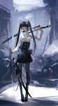  1girl bangs black_hair closed_mouth dual_wielding grey_eyes highres holding holding_sword holding_weapon kuronoiparoma long_hair original outdoors over_shoulder pantyhose post-apocalypse solo standing sword twintails weapon weapon_over_shoulder 