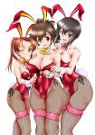  3girls animal_ears bangs black_eyes black_hair black_legwear bow bowtie breasts brown_eyes brown_hair bunny_tail commentary_request cup detached_collar fake_animal_ears fishnet_legwear fishnets girls_und_panzer highres kadotani_anzu kawashima_momo koyama_yuzu large_breasts leotard long_hair monocle multiple_girls one_eye_closed orange_neckwear pantyhose pink_neckwear playboy_bunny rabbit_ears red_leotard short_hair short_ponytail simple_background strapless strapless_leotard tail thigh-highs tomokoji twintails white_background wrist_cuffs yellow_neckwear 