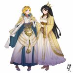  2girls black_hair blonde_hair closed_mouth dress fire_emblem fire_emblem_fates fire_emblem_heroes fire_emblem_warriors flower full_body hair_ornament looking_at_another looking_at_viewer mikoto_(fire_emblem) multiple_girls smile songban tiara white_background yelena_(fire_emblem) 