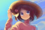  1girl adjusting_clothes adjusting_headwear artist_name blue_eyes blue_sky brown_hair closed_mouth english_commentary flower hair_flower hair_ornament hat highres long_sleeves original qiinamii redrawn short_hair sky smile solo straw_hat upper_body 