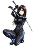  1girl arms_up bangs black_bodysuit blush bodysuit breasts brown_hair gantz gantz_suit holding holding_sword holding_weapon katana knee_up long_hair looking_at_viewer medium_breasts one_knee over_shoulder parted_lips shimohira_reika shiny shiny_clothes shoes simple_background solo sword takapin weapon weapon_over_shoulder 