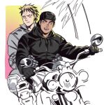  2boys aikawa_(dorohedoro) backwards_hat bara black_gloves black_hair black_hoodie blonde_hair blush chest dorohedoro gloves grey_hoodie ground_vehicle hands_on_another&#039;s_waist hat hood hoodie male_focus motor_vehicle motorcycle multiple_boys muscle on_motorcycle risu_(dorohedoro) short_hair sideburns steel_peach upper_body 