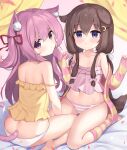  2drr 2girls :o animal_ear_fluff animal_ears ass azur_lane bangs bare_arms bare_legs bare_shoulders barefoot bed_sheet blush brown_hair camisole cat_ears cat_girl cat_tail closed_mouth commentary_request crescent crescent_hair_ornament curtains dog_ears dog_girl dog_tail eyebrows_visible_through_hair fumizuki_(azur_lane) hair_between_eyes hair_ornament hair_ribbon hairclip hands_up highres jacket kisaragi_(azur_lane) kneehighs long_hair long_sleeves looking_at_viewer looking_back low_twintails multiple_girls navel no_shoes one_side_up open_clothes open_jacket panties parted_lips petals pinching_sleeves pink_camisole pink_hair red_ribbon ribbon sleeves_past_wrists soles strap_slip striped striped_jacket striped_legwear striped_panties tail twintails underwear underwear_only very_long_hair violet_eyes white_panties yellow_camisole 