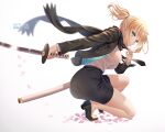  1girl artist_name bangs black_scarf black_skirt blonde_hair blue_jacket bow breasts brown_jacket commentary_request dress dress_shirt fate/grand_order fate_(series) floating_necktie floating_scarf from_side hair_tie hakuda_tofu hand_up high_heels holding holding_sword holding_weapon jacket katana large_breasts long_sleeves looking_at_viewer miniskirt necktie okita_souji_(fate) okita_souji_(fate)_(all) one_knee open_clothes open_jacket pencil_dress pencil_skirt petals ponytail scarf shirt shirt_tucked_in shoes short_hair skirt solo sword weapon white_shirt 