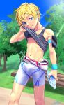  1boy absurdres bench bike_shorts blonde_hair blue_eyes bottle bulge day earphones earphones fuwatoro_(i7mnoehere) highres lifted_by_self looking_at_viewer male_focus open_mouth original outdoors park smile solo tank_top_lift tree water_bottle wristband 