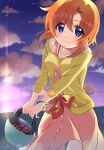  1girl :3 absurdres backlighting bangs bare_shoulders blue_eyes blush bow bracelet breasts buttons closed_mouth clouds cloudy_sky collarbone commentary_request dress eyebrows_visible_through_hair gradient_sky hair_between_eyes happy highres higurashi_no_naku_koro_ni holding jacket jewelry long_sleeves looking_at_viewer mashimaro_tabetai necklace orange_hair outdoors parted_bangs pink_dress red_bow ryuuguu_rena short_hair sky sleeveless sleeveless_dress smile solo standing star_(sky) starry_sky twilight yellow_jacket 