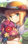  1girl artoria_pendragon_(all) basket blonde_hair blue_neckwear blue_ribbon boa_(brianoa) braid casual closed_mouth eyebrows_visible_through_hair fate/stay_night fate_(series) flower flower_basket french_braid green_eyes hair_between_eyes hair_ribbon hat highres holding leaf looking_at_viewer object_hug outdoors pink_flower plant red_flower red_rose ribbon rose saber shirt short_hair smile solo sun_hat twitter_username white_shirt yellow_flower 