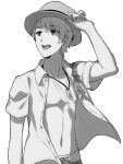  1boy :d adjusting_clothes adjusting_headwear arm_up bangs bare_chest buttons character_request collared_shirt commentary_request dress_shirt eyebrows_visible_through_hair grey_background greyscale hat idolmaster idolmaster_side-m looking_to_the_side male_focus male_swimwear monochrome navel open_clothes open_mouth open_shirt sayshownen shirt short_hair short_sleeves smile solo swim_trunks swimwear toned toned_male upper_body upper_teeth 