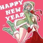  1girl :d alternate_costume alternate_hairstyle artist_name bleach boots breasts cloak facial_mark fur-trimmed_boots fur-trimmed_cloak fur_trim green_cloak green_footwear green_hair green_shorts grey_eyes happy_new_year highres holding holding_sack hood hooded_cloak large_breasts long_hair nelliel_tu_odelschwanck new_year open_mouth pink_background sack shorts skull_on_head smile solo tsukizawr under_boob very_long_hair 