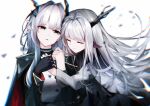  2girls alina_(arknights) arknights artist_name bangs black_gloves closed_eyes commentary_request eyebrows_visible_through_hair gloves grey_eyes head_tilt highres horns leria_v long_hair long_sleeves multiple_girls parted_lips silver_hair simple_background smile spoilers talulah_(arknights) upper_body white_background 