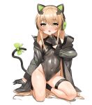  1girl absurdres animal_ear_headphones animal_ears big_mountain blonde_hair blush breasts cat_ears cat_tail girls_frontline gloves green_eyes highres leotard long_hair navel shiny shiny_clothes small_breasts solo tail tight tmp_(girls_frontline) very_long_hair 