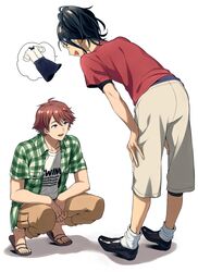  2boys :d akiyama_hiroyuki bangs black_footwear black_hair blue_eyes brown_hair brown_pants clothes_writing commentary_request employee_uniform eye_contact green_hair green_shirt hair_between_eyes hands_on_own_knees haru_(no_thank_you!!!) high_ponytail highres leaning_forward leg_hair looking_at_another male_focus multiple_boys no_thank_you!!! open_clothes open_mouth open_shirt pants plaid plaid_shirt red_shirt sandals sayshownen shadow shiny shiny_hair shirt shoes short_hair short_sleeves smile socks speech_bubble spoken_object squatting standing striped striped_legwear uniform vertical-striped_legwear vertical_stripes white_shirt 