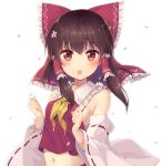  1girl :o bangs bare_shoulders blush bow breasts brown_hair clenched_hands commentary_request detached_sleeves eyebrows_visible_through_hair frilled_bow frilled_shirt_collar frills hair_bow hair_tubes hakurei_reimu long_sleeves looking_at_viewer minamura_haruki navel open_mouth petals red_bow red_eyes ribbon-trimmed_sleeves ribbon_trim short_hair sideboob sidelocks simple_background small_breasts solo touhou upper_body v-shaped_eyebrows white_background wide_sleeves yellow_neckwear 