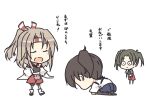  3girls apron blue_hakama brown_hair chibi closed_eyes commentary_request dark_green_hair dogeza grey_hair hachimaki hakama hakama_pants hakama_skirt headband high_ponytail japanese_clothes kaga_(kantai_collection) kantai_collection long_hair multiple_girls muneate nakadori_(movgnsk) red_hakama side_ponytail simple_background surprised thigh-highs translation_request twintails white_background zuihou_(kantai_collection) zuikaku_(kantai_collection) 