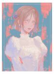  1girl blue_flower blush brown_eyes brown_hair dekooop earrings english_text face flower hair_between_eyes hair_flower hair_ornament highres jewelry original parted_lips pink_lips puffy_sleeves short_hair signature single_earring solo turtleneck upper_body 