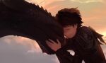  1boy armor brown_hair closed_eyes closed_mouth clouds cloudy_sky crying dragon english_commentary hiccup_horrendous_haddock_iii highres how_to_train_your_dragon how_to_train_your_dragon_3 male_focus qiinamii short_hair sky smile tears toothless 