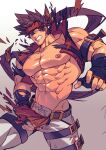  1boy abs bara bare_chest brown_hair bulge chest collaboration exploding_clothes fingerless_gloves gloves guilty_gear harness headband highres long_hair male_focus muscle na_insoo navel nipples oneirio pants ponytail sol_badguy solo spiky_hair thick_thighs thighs white_pants yellow_eyes 