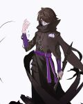  1boy brown_hair cloak dagger dong_wensen fingernails hair_over_one_eye highres holding holding_dagger holding_weapon male_focus mask original red_eyes reverse_grip shadow sketch solo torn torn_cloak torn_clothes weapon 