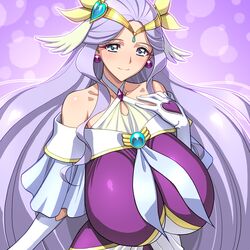  1girl alternate_breast_size bare_shoulders blue_eyes breasts collarbone cure_earth earrings fuurin_asumi gloves healin&#039;_good_precure huge_breasts jewelry long_hair looking_at_viewer magaki_ryouta magical_girl precure purple_background purple_hair smile solo tiara white_gloves 