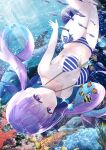  1girl bikini bubble coral dolphin fish freediving hololive light_rays long_hair looking_at_viewer madotsukumo minato_aqua ocean purple_hair school_of_fish striped striped_bikini sunlight swimming swimsuit tropical_fish twintails underwater upside-down violet_eyes virtual_youtuber 