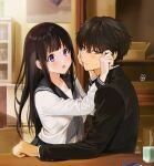  1boy 1girl :d arm_support black_hair black_skirt box cardboard_box chair chitanda_eru cup gakuran grabbing_another&#039;s_hair green_eyes hair_between_eyes highres hyouka kamiyama_high_school_uniform long_hair long_sleeves looking_at_viewer mery_(yangmalgage) neckerchief open_mouth oreki_houtarou pleated_skirt sailor_collar school_uniform scowl serafuku shelf shirt short_hair sitting skirt smile sweatdrop table upper_body violet_eyes white_shirt 