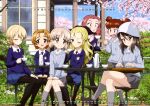  6+girls :d :o absurdres aki_(girls_und_panzer) assam_(girls_und_panzer) bangs black_legwear black_neckwear blonde_hair blue_cardigan blue_eyes blue_skirt blue_sky bow braid braided_bun brown_eyes brown_hair bush calendar_(medium) cardigan cherry_blossoms cherry_tree closed_eyes closed_mouth collared_shirt crossed_legs cup darjeeling_(girls_und_panzer) day eyebrows_visible_through_hair feet_out_of_frame flower girls_und_panzer grey_cardigan grey_footwear grey_legwear grey_skirt hair_bow hair_ornament hands_on_own_knees hat highres holding holding_cup house instrument kantele keizoku_school_uniform knees_together_feet_apart light_brown_hair long_hair long_sleeves medium_hair mika_(girls_und_panzer) mikko_(girls_und_panzer) multiple_girls necktie official_art one_eye_closed open_mouth orange_hair orange_pekoe_(girls_und_panzer) outdoors pantyhose pleated_skirt red_eyes rosehip_(girls_und_panzer) saucer school_uniform shirt short_hair short_twintails sitting skirt skirt_lift sky smile spilling st._gloriana&#039;s_school_uniform striped_cardigan sweater swept_bangs table teacup teapot thighs twintails white_shirt window 