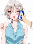  1girl anastasia_(idolmaster) blue_shirt breasts can collared_shirt earrings eyelashes gen_(enji) highres holding holding_can idolmaster idolmaster_cinderella_girls jewelry looking_at_viewer medium_breasts one_eye_closed open_mouth shiny shiny_hair shiny_skin shirt short_hair silver_hair sleeveless sleeveless_shirt striped striped_shirt sweatdrop twitter_username vertical-striped_shirt vertical_stripes white_background wing_collar 