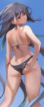  1girl absurdres adjusting_clothes adjusting_swimsuit ass bikini black_bikini black_hair blue_background breasts commentary_request day flat_ass from_behind gradient_hair green_hair highres kneepits long_hair looking_at_viewer looking_back medium_breasts multicolored_hair original red_eyes seicoh side-tie_bikini sideboob solo standing swimsuit two-tone_hair very_long_hair wet wet_clothes wet_swimsuit 