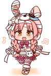  1girl :d absurdres animal_ears animal_hat bandaged_arm bandaged_hands bandages bangs beamed_eighth_notes blush bow braid brown_eyes bunny_hair_ornament bunny_hat chibi commentary_request earmuffs eighth_note eyebrows_visible_through_hair fake_animal_ears full_body hair_ornament hana_kazari hat highres long_hair looking_at_viewer low_twintails mimi_(princess_connect!) musical_note navel open_mouth parted_bangs pink_footwear pink_hair pink_headwear pleated_skirt princess_connect! princess_connect!_re:dive purple_bow purple_skirt rabbit_ears skirt smile solo striped striped_legwear thigh-highs twin_braids twintails very_long_hair walking white_background 