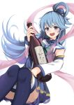  1girl aqua_(konosuba) aqua_hair bangs bare_shoulders blue_eyes blue_legwear blue_skirt blush bottle detached_sleeves drooling eyebrows_visible_through_hair floating_hair hagoromo hair_ornament hair_rings highres holding kono_subarashii_sekai_ni_shukufuku_wo! kyuu_(chiu850513) long_hair long_hiar long_torso looking_at_viewer open_mouth shawl simple_background skirt smile solo thigh-highs very_long_hair wine_bottle 