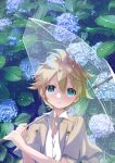  1boy aqua_eyes beige_jacket blonde_hair blue_flower commentary floral_background flower hekicha highres holding holding_umbrella hydrangea kagamine_len leaf looking_at_viewer male_focus parted_lips plant shirt short_sleeves spiky_hair transparent transparent_umbrella umbrella upper_body vocaloid water_drop white_shirt 