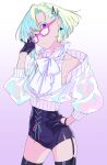  1boy alternate_costume bare_shoulders bespectacled black_gloves black_legwear burrrntlemon cross-laced_clothes garter_belt glasses gloves green_hair hair_ornament hairclip hand_on_hip highres lio_fotia looking_at_viewer male_focus otoko_no_ko parted_lips promare short_hair solo standing thigh-highs violet_eyes zipper 
