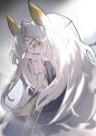  1boy absurdres animal_ears arknights beard blood blood_on_face facial_hair hellagur_(arknights) highres long_hair male_focus portrait profile solo tokinhr very_long_hair white_background yellow_eyes 