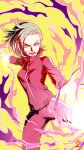  1girl absurdres amaguchi_chiyoko android_18 blonde_hair blue_eyes dragon_ball dragon_ball_z earrings floating_hair highres jacket jewelry long_sleeves medium_hair open_mouth pants red_jacket red_pants solo track_jacket track_pants track_uniform yellow_background zipper 