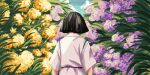  1boy black_hair blue_sky blunt_ends clouds commentary day derivative_work english_commentary facing_away flower from_behind haku_(sen_to_chihiro_no_kamikakushi) hydrangea japanese_clothes leaf lowres male_focus mika-tama nature outdoors pixel_art purple_flower screencap_redraw sen_to_chihiro_no_kamikakushi short_hair short_sleeves sky solo upper_body yellow_flower 