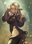  1girl adjusting_eyewear au_ra autumn_leaves blurry blurry_background breasts cleavage_cutout clothing_cutout dark_skin dragon_horns dragon_tail feather-trimmed_sleeves final_fantasy final_fantasy_xiv forehead from_behind hair_ribbon hide_(hideout) highres horns long_hair looking_at_viewer looking_back medium_breasts pink_eyes ribbon scales semi-rimless_eyewear solo tail under-rim_eyewear white_hair 