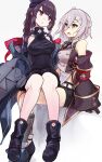  2girls azur_lane bangs bare_legs black_footwear black_gloves black_legwear black_shorts boots braid breasts eyebrows_visible_through_hair gloves hat highres iron_cross jacket legs long_hair looking_at_another marshall_k medium_breasts multiple_girls open_mouth purple_hair shorts silver_hair sitting sitting_on_person small_breasts socks sweatdrop violet_eyes white_background z1_leberecht_maass_(azur_lane) z2_georg_thiele_(azur_lane) 