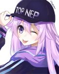  ;p adjusting_clothes adjusting_headwear adult_neptune bimmy black_jacket blush eyebrows_visible_through_hair face from_behind highres jacket long_hair looking_at_viewer meme_attire neptune_(series) one_eye_closed portrait purple_hair shin_jigen_game_neptune_vii simple_background tongue tongue_out top_nep_hat twitter_username violet_eyes white_background 