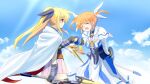  2girls blonde_hair closed_eyes clouds cloudy_sky couple fate_testarossa fist_bump flying happy kerorokjy long_hair looking_at_another lyrical_nanoha mahou_shoujo_lyrical_nanoha mahou_shoujo_lyrical_nanoha_a&#039;s multiple_girls open_mouth orange_hair red_eyes short_hair short_twintails sky smile takamachi_nanoha twintails yuri 