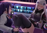  2girls alcohol artist_request bar bartender beer beret bottle cocktail_shaker commission crossover cup drinking_glass drooling drunk girls_frontline glass_bottle hat hk416_(girls_frontline) jill_stingray multiple_girls necktie purple_hair red_eyes silver_hair sleeping thigh-highs va-11_hall-a wine_bottle 